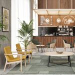 Stiilne kohviku- ja puhkeala Swoosh tugitoolidega, mis ühendavad mugavuse ja ajatult elegantse disaini.