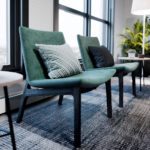 Swoosh lounge tool hubases puhkealas, mugav iste ja stiilne vorm toetavad lõõgastavat atmosfääri kontoris või hotellis.